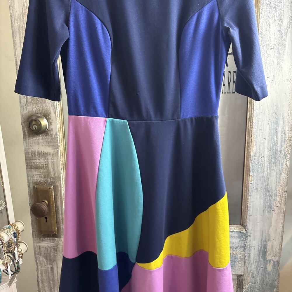 Boden Alice Ponte color block Midi Dress Fit And Flare Sz 8R Blue Pink Yellow - Picture 4 of 15